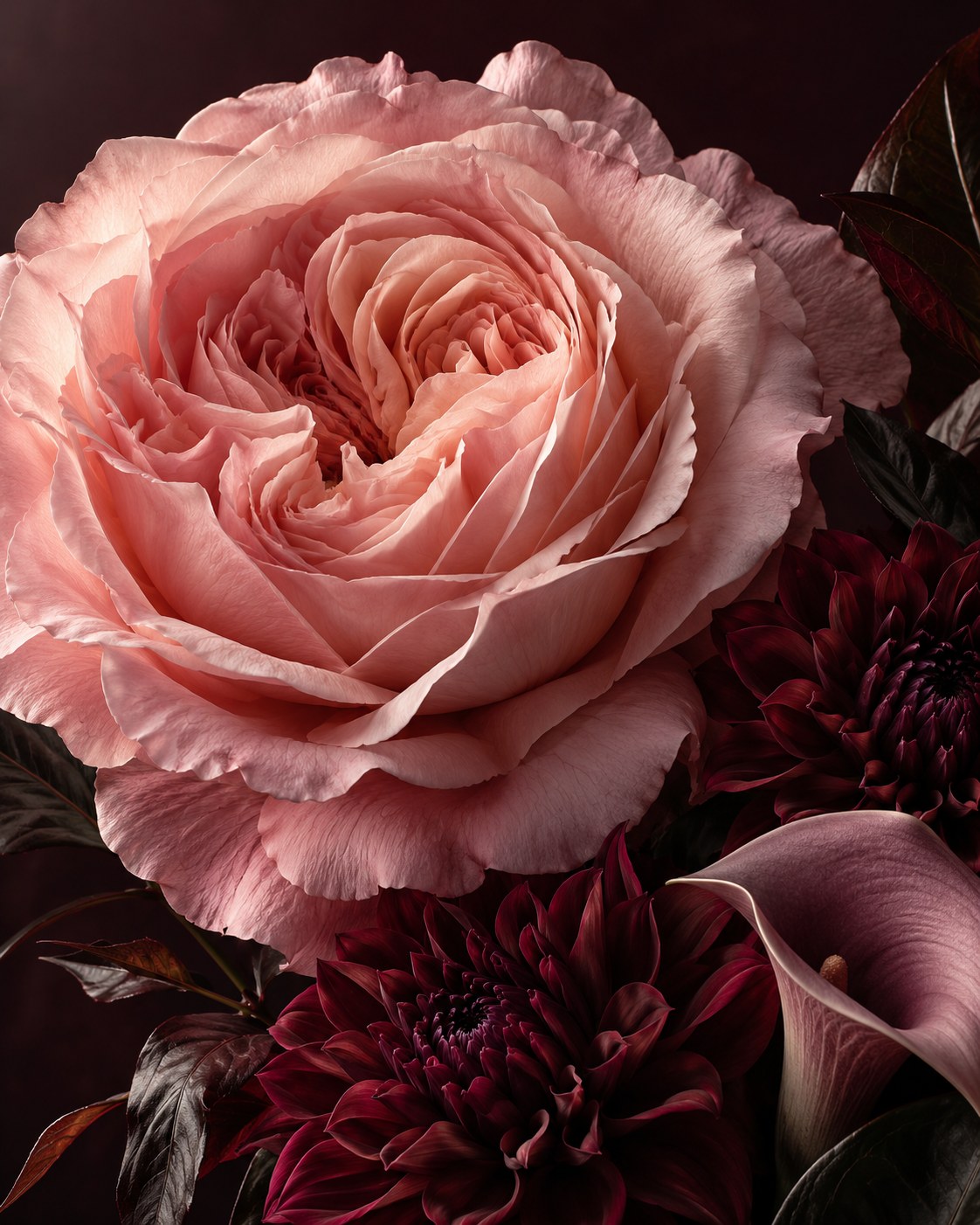 Rose ancienne et dahlias, visuel d’ambiance La Roseraie fleuriste à Bapaume